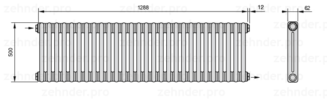 Схема (чертеж) Радиатор Zehnder Charleston 2050/28 №1670 Белый глянцевый RAL 9016